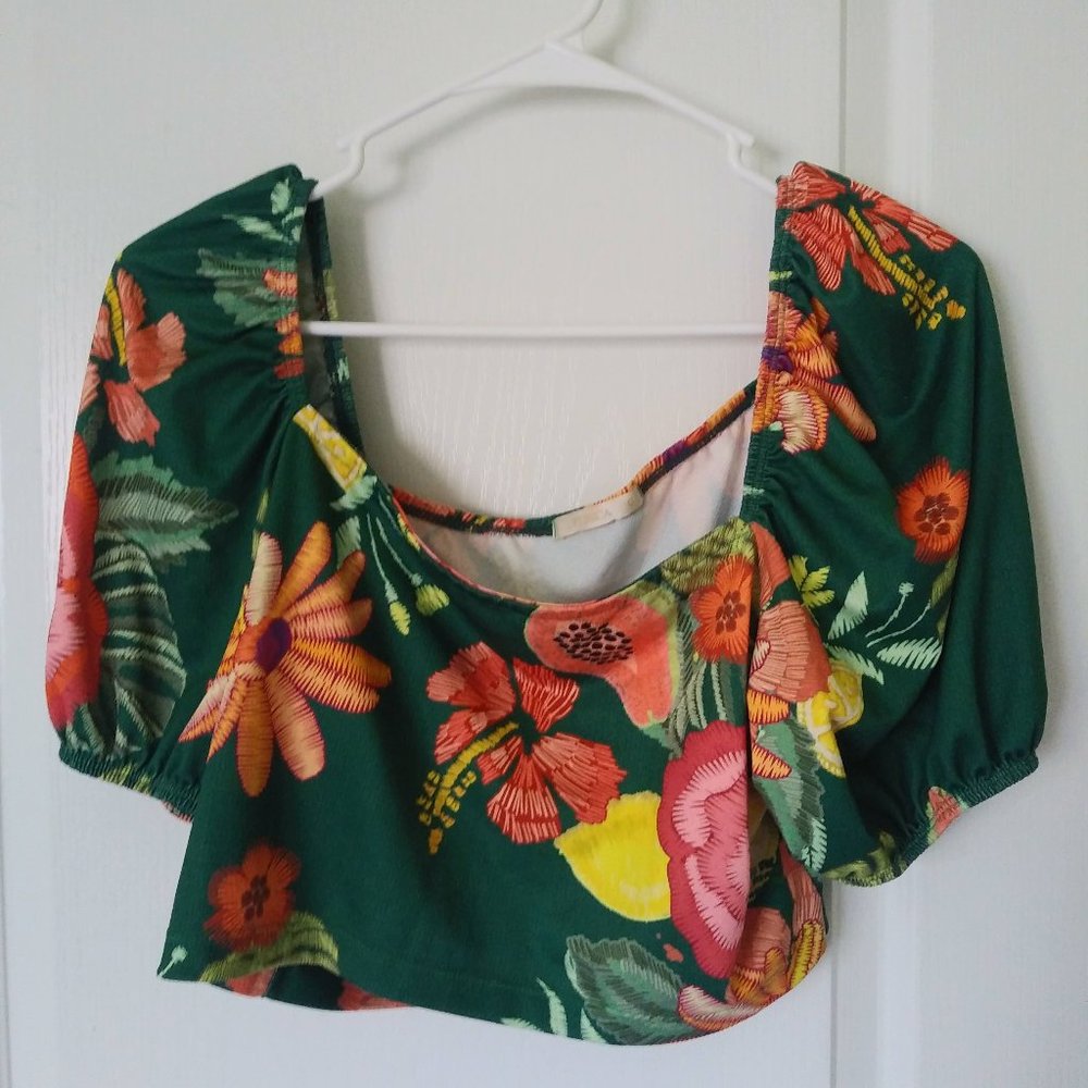 NWOT Vibrant Green Tropical Print Puff Sleeve Crop Top Size L